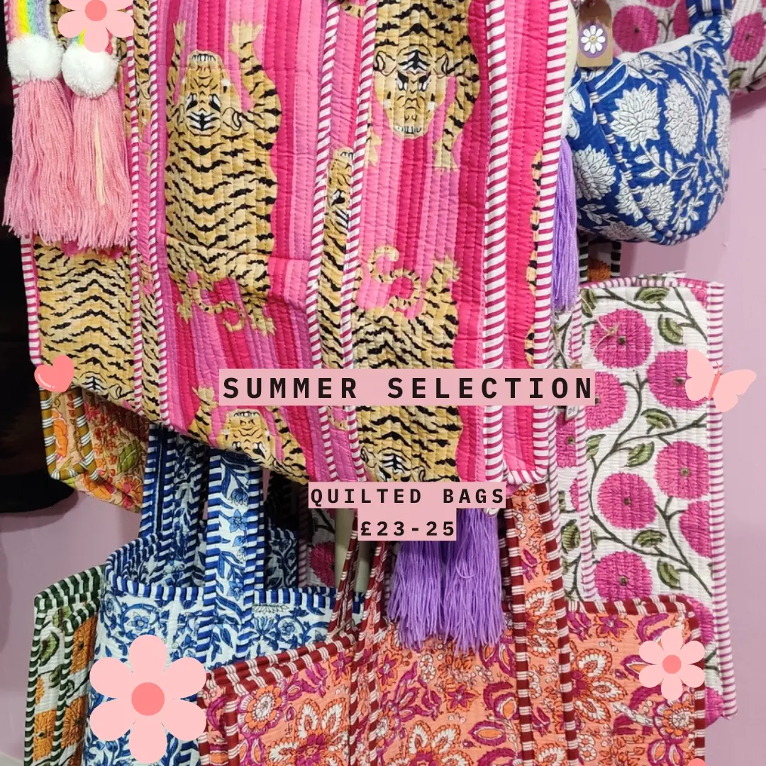 Colourful quilted bags on the shelves at Wildflower